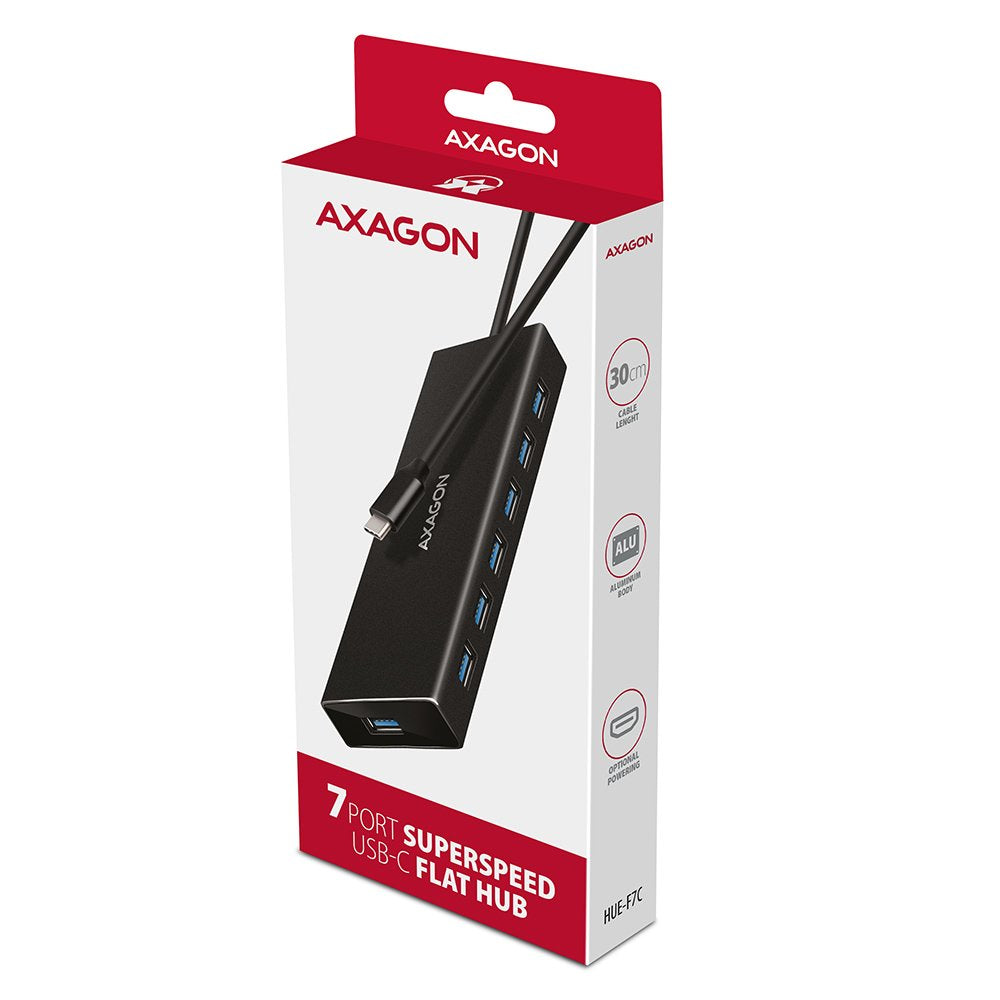 Axagon Hue-F7a 7x Usb 3.2 Gen 1 Aluminium Flat Hub, 30 Cm Usb-C-Cable