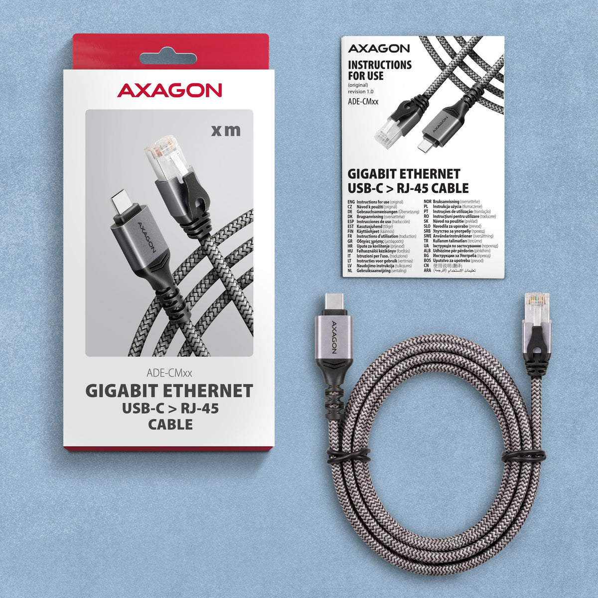 Axagon Ade-Cm20 Usb-C 5gbps - Gigabit Ethernet Adapter With Integrated Cat6 Rj-45 Network Cable (2 M), Asix Ax88179b