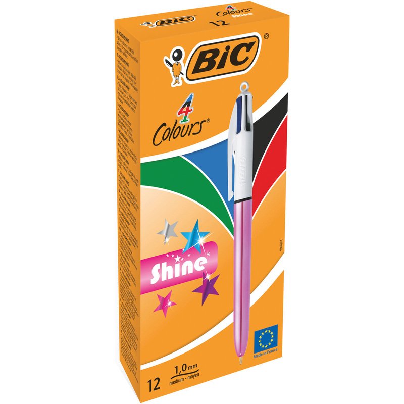 Bic Bolígrafo Shine Silver Tinta 4 Colores Cuerpo Blanco/Rosa Metálico Caja -12u-