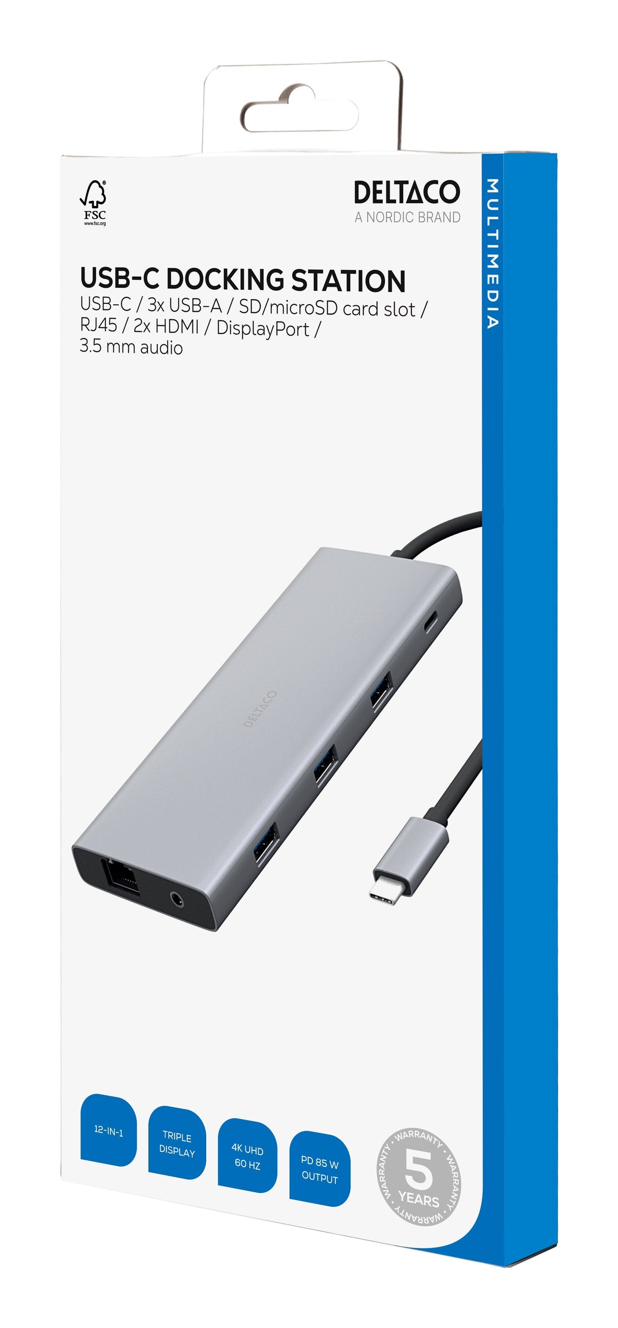 Deltaco 12in1 Usb-C Dockingstation 4k Uhd/60hz 85w Silber