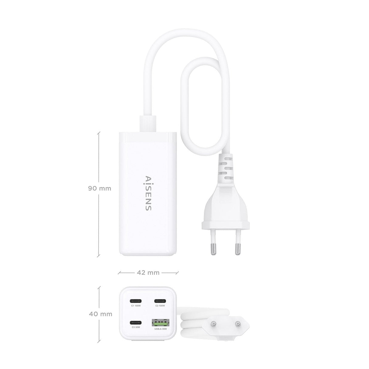Aisens Cargador Sobremesa Gan 100w, 3xusb-C Pd3.0 Qc4.0 Qc5.0, 1xusb-A Qc3.0, Blanco