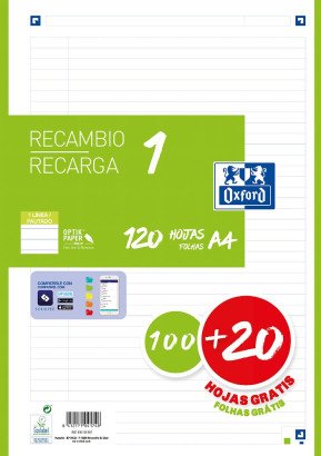 Oxford Recambio 100h + 20h Gratis 4 Taladros A4 90gr 1 Línea 1 Banda Verde
