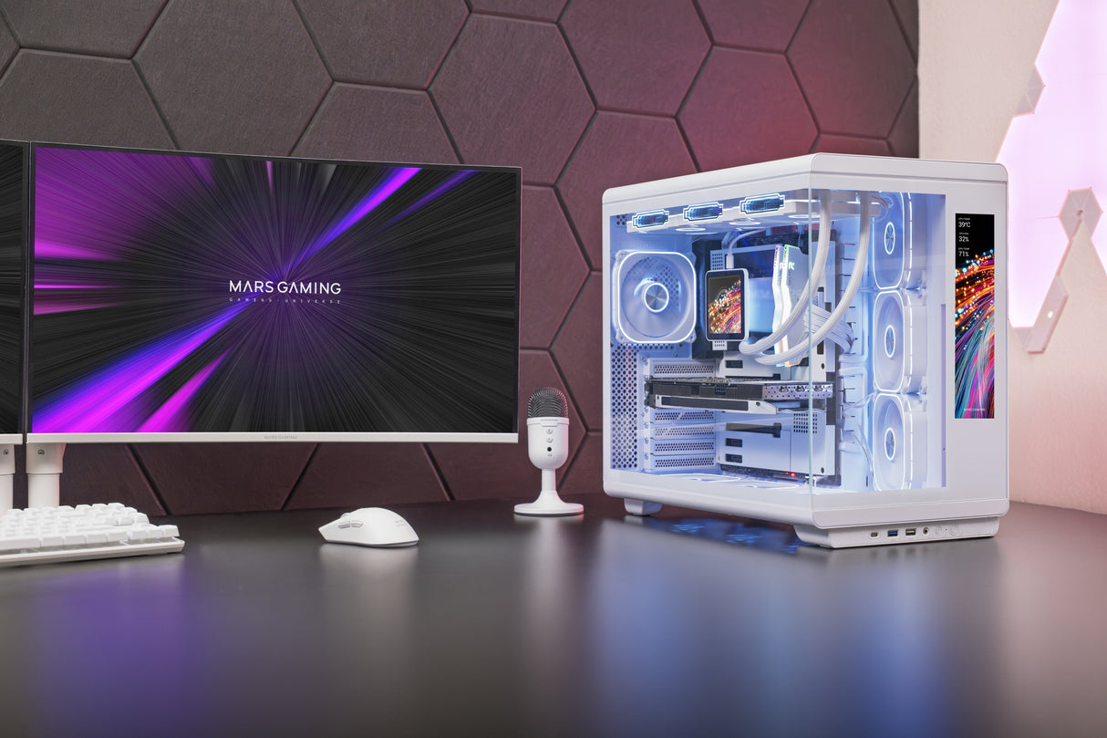 Caja Pc Atx Mars Gaming Mc-Revmaxw Pantalla Lcd 11.8" Cristal Templado 4x Ventiladores Argb Blanco