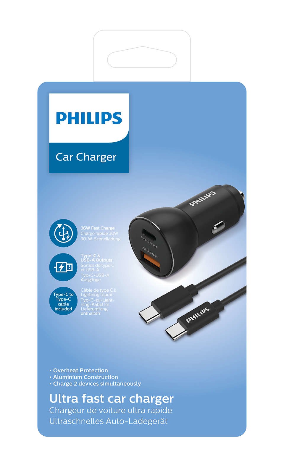 Philips Car Charger 36w With 1 Usb-A + Usb C
