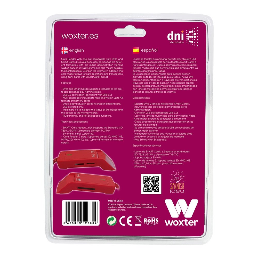 Lector De Dni Y Tarjetas Woxter Combo Pe26-148 Rojo Usb 2.0