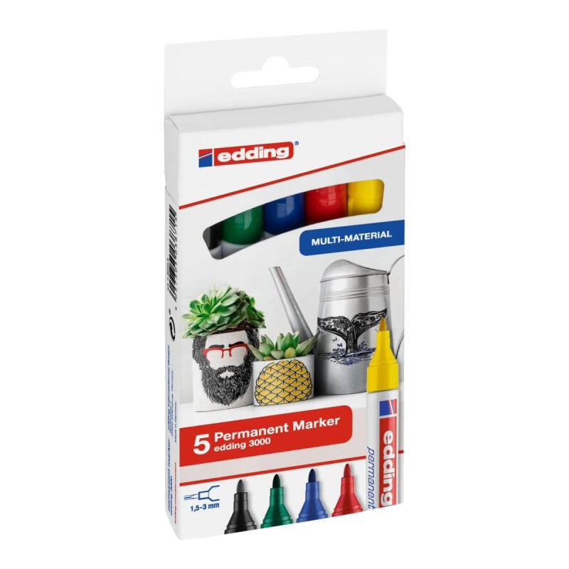 Edding 3000 Marcador Permanente Punta Redonda Negro, Azul, Verde, Rojo, Amarillo 5 Pieza(S)