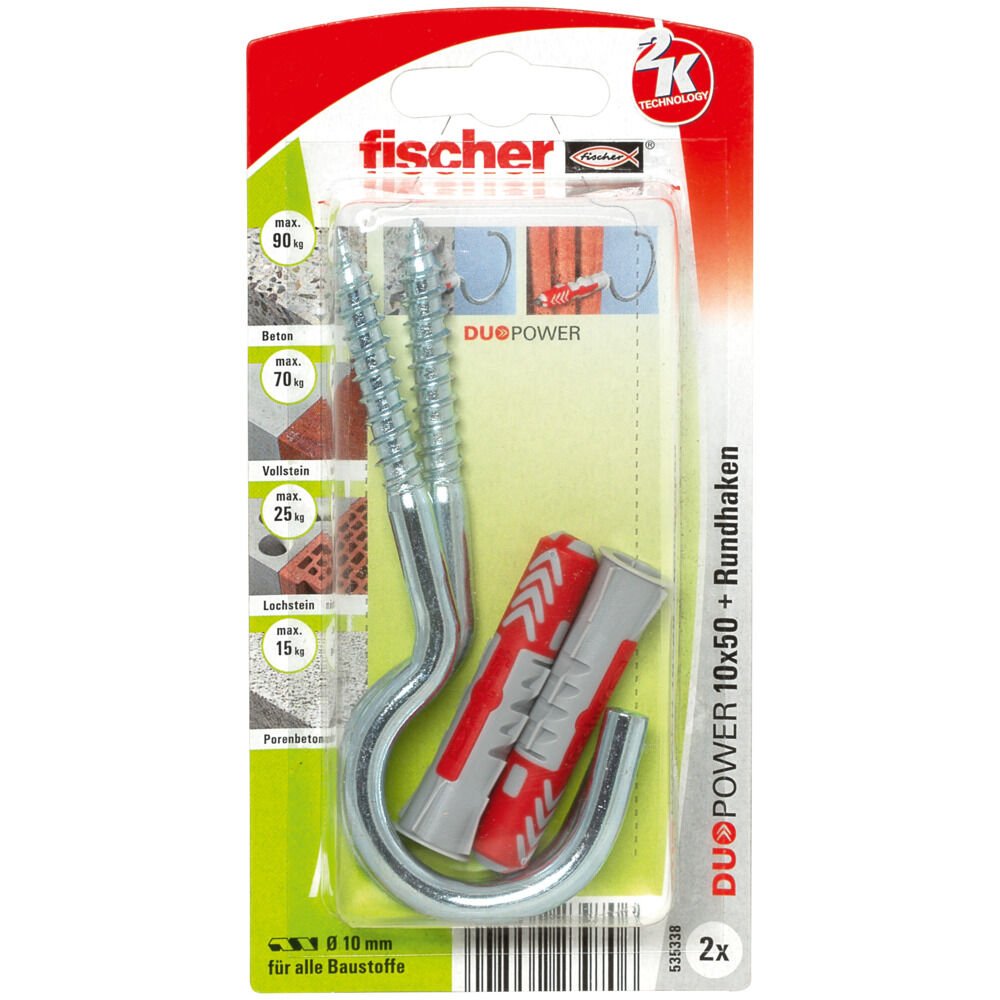 EAN 4048962239706 - Fischer DuoPower 2 pieza(s) Juego de enchufes de pared y ganchos de tornillo 50 mm imagen 1