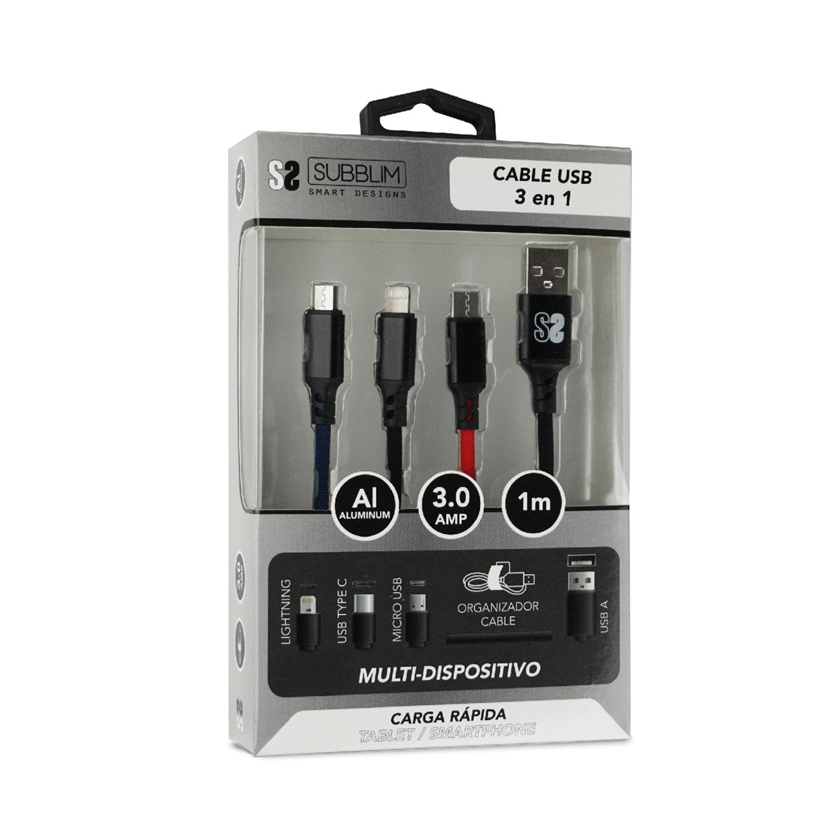 EAN 8436586740665 - SUBBLIM SUB-CAB-3IN101 cable USB USB 3.2 Gen 1 (3.1 Gen 1) 1 m USB A USB C/Micro-USB B/Lightning Negro, A imagen 5