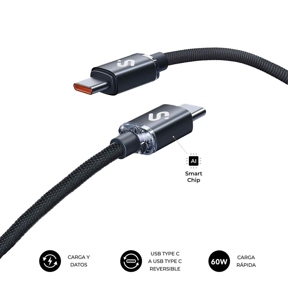 Cable Optimus 60w Usb-C/Usb-C 2 M Negro Subblim 60w/ Longitud: 2m/ Usb-C &Harr; Usb-C/ Pd
