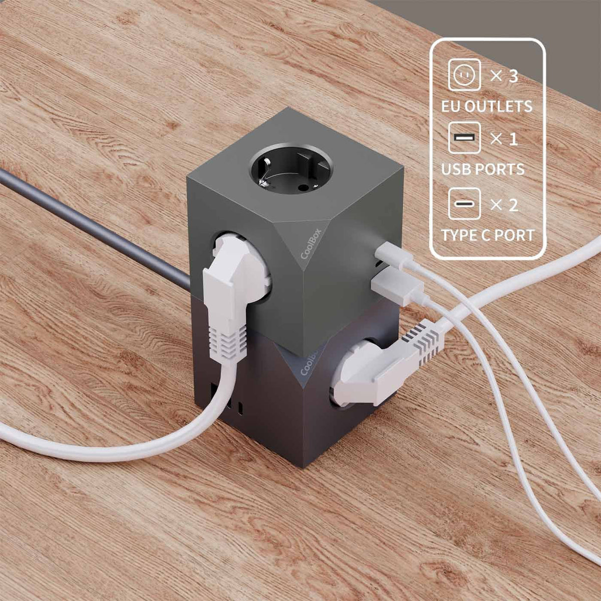 Base 3 Enchufes Cubo Con Carga Usb