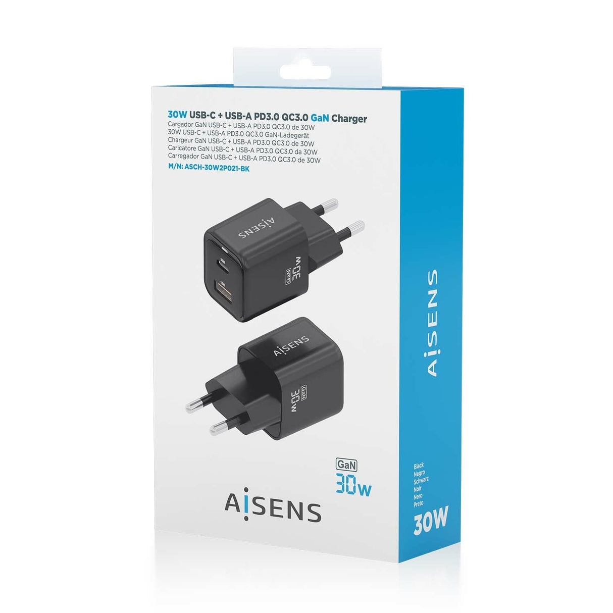Aisens Cargador Gan 30w, 1xusb-C Pd3.0 Qc4.0, 1xusb-A Qc3.0, Negro