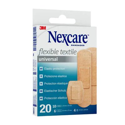 Nexcare Universal Flexible Textile Pack De 20 Apositos Surtidos - Transpirable - Elastico - Piel
