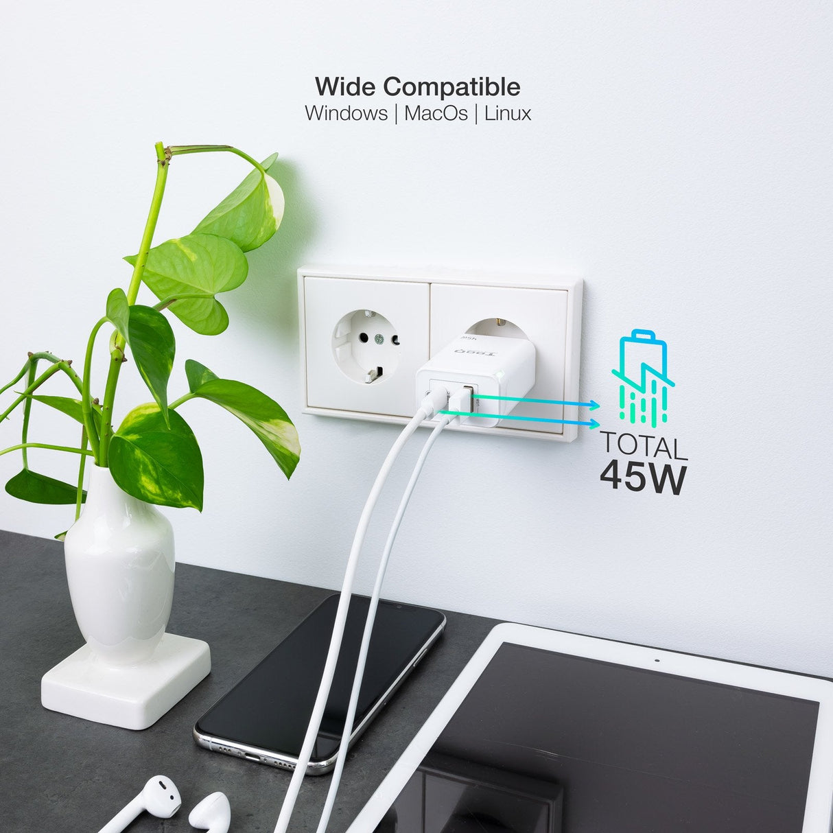Tooq Cargador De Pared Gan Usb-C/Pd + Usb-A/Qc 45w - Blanco