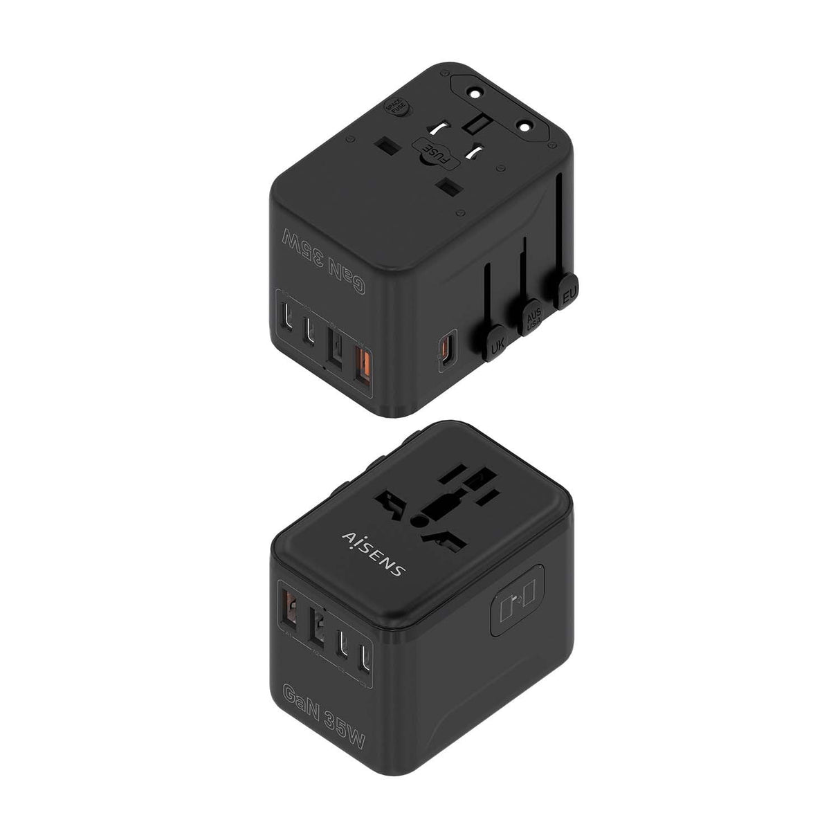 Aisens Adaptador Enchufe Universal Para Viaje Eu/Usa/Uk/Au Con Cargador Usb Gan, 2xusb-A (A1 Qc3.0), 3xusb-C (C1 Pd3.0) 35w, Negro