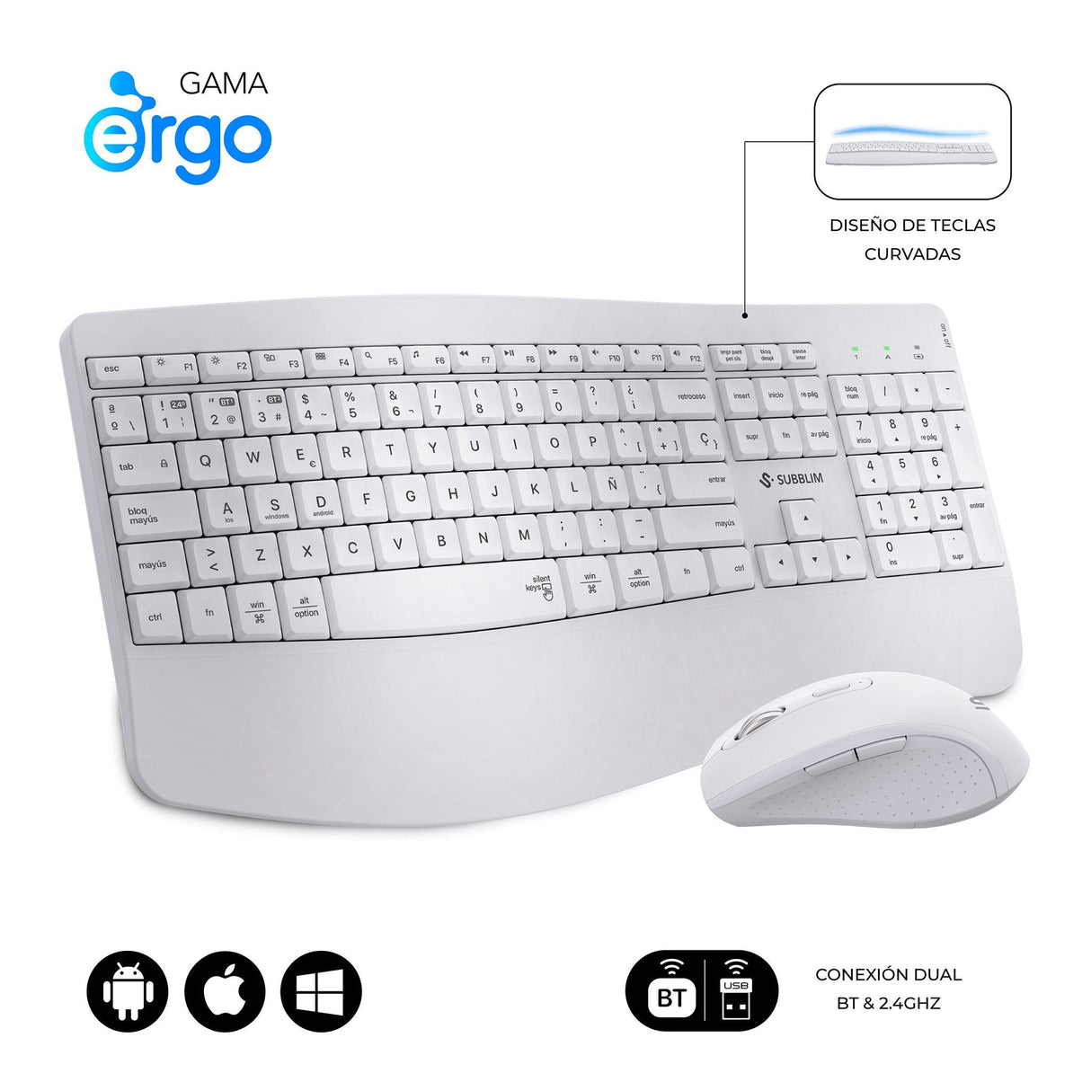 Combo Teclado Raton Subblim Prowave Inalamb Ergo Blanco