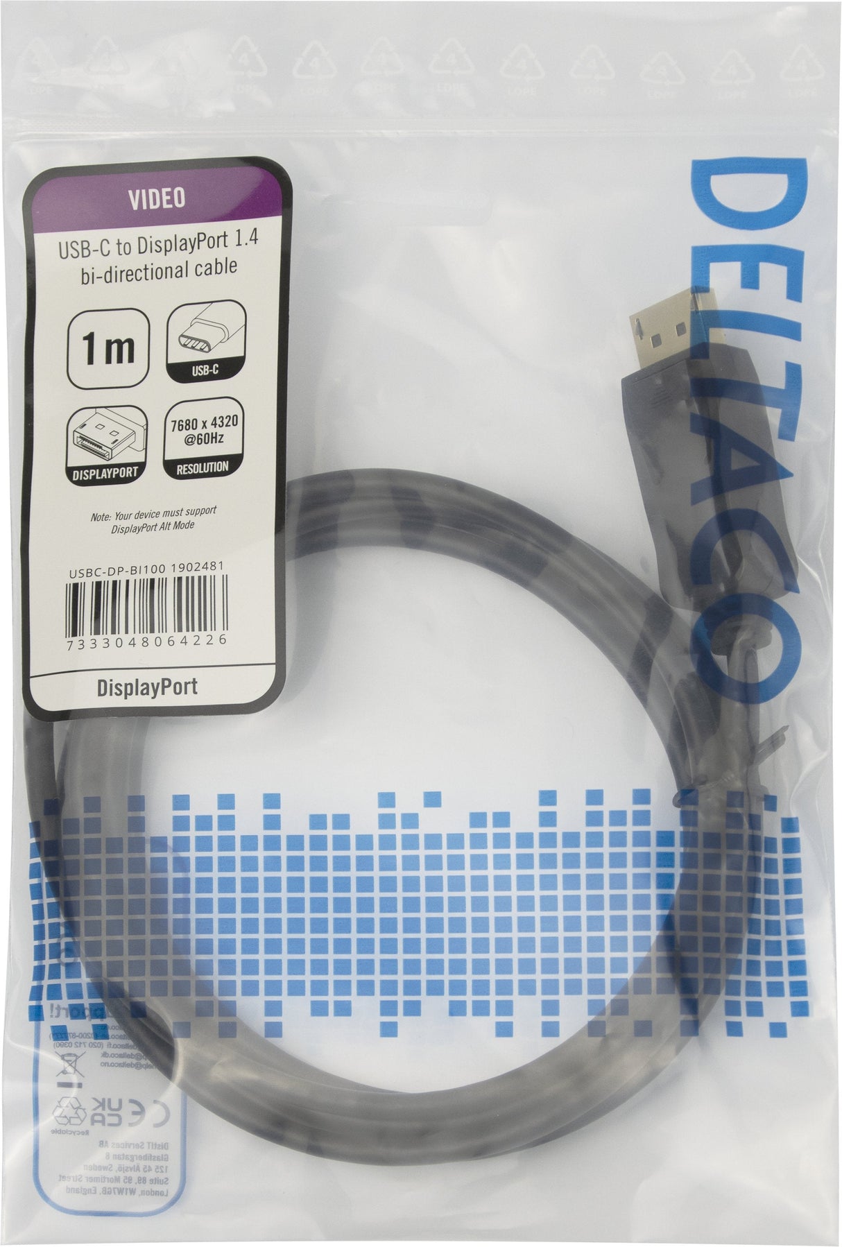 Deltaco 8k Usb-C/Displayport Kabel 7680x4320 30hz 1m Schwa