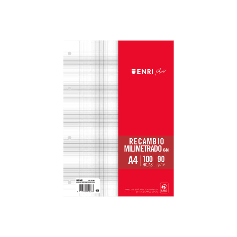 Enri Plus Recambio A4 100 Hojas Con Margen Milimetrado - Papel De 90gr - 4 Taladros