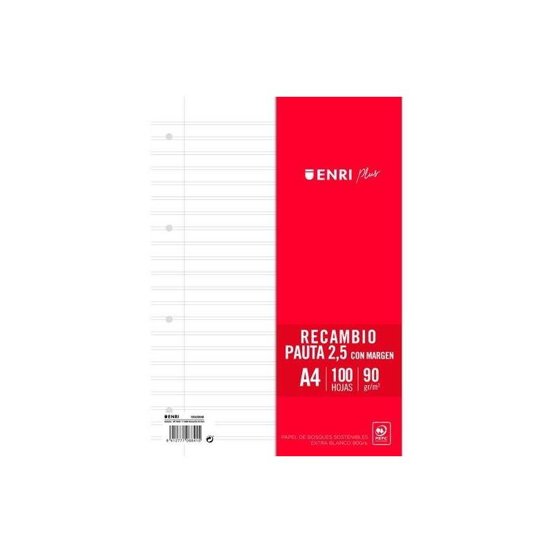 Enri Recambio Plus 100h A4 90gr Pauta 2,5 C/Margen 4 Taladros Blanco