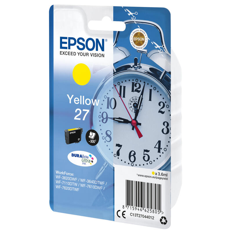 Epson Alarm Clock Singlepack Yellow 27 Durabrite Ultra Ink Para Workforce Wf-3620, Wf-3640, Wf-7110, Wf-7610, Wf-7620, Wf-7715, Wf-7720