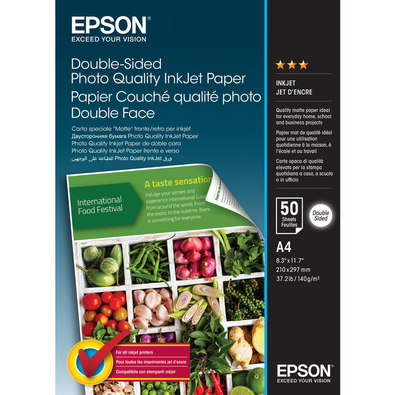 Epson Double-Sided Photo Quality Inkjet Papermatea4 (210 X 297 Mm)140 G/M50 Hoja(S) Papel Fotogrfico Brillantepara Ecotank Et-16500, 2750, 3700, 3750, 4750, 7700, 7750, Expression Premium Xp-6000, 6005