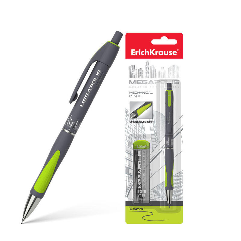 Erichkrause Megapolis Concept - Portaminas Con 20 Minas 05mm - Carcasa Redonda Y Brillante - Zona De Agarre Ergonomica - Color Neon