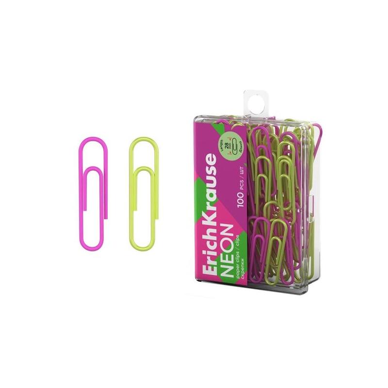 Erichkrause Neon Pack De 100 Clips Recubiertos - 28mm - Caja De Plastico - Colores Surtidos