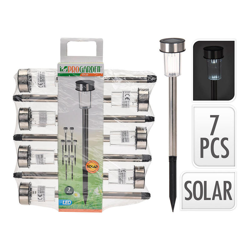 Estaca Solar De Jardin, Acero Inoxidable,1 Led Ip44 Ø4,6 X 36,5 Cm, Pack 7 Unidades