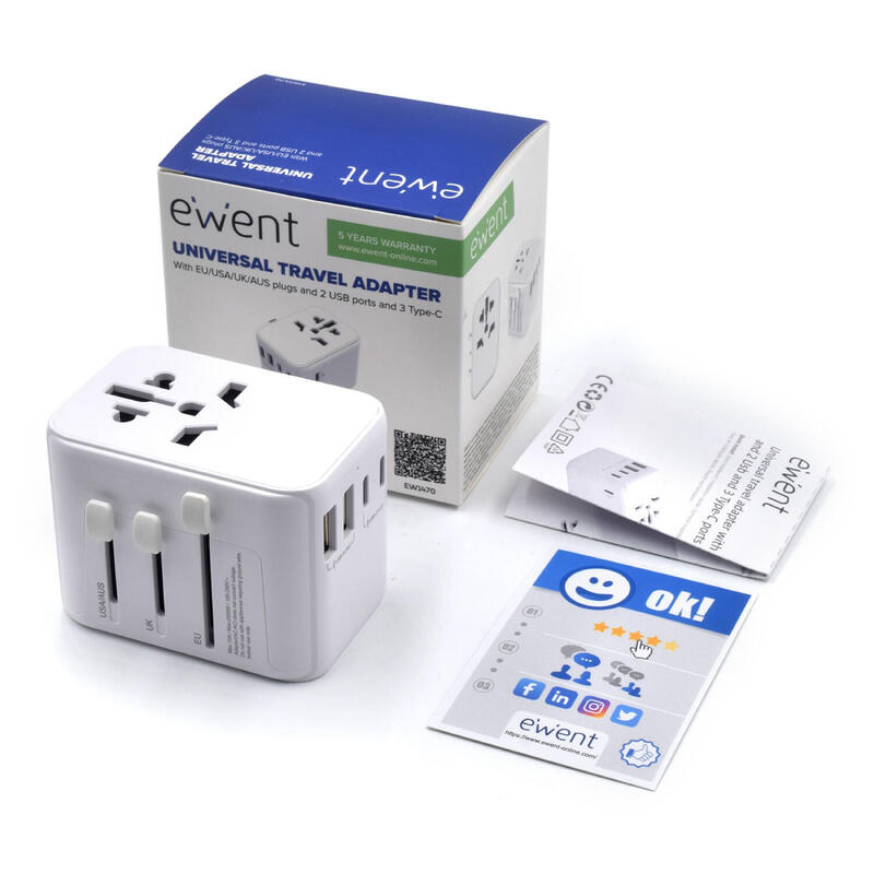 Ewent Adaptador Universal De Viaje+2usb Y 3usb-C