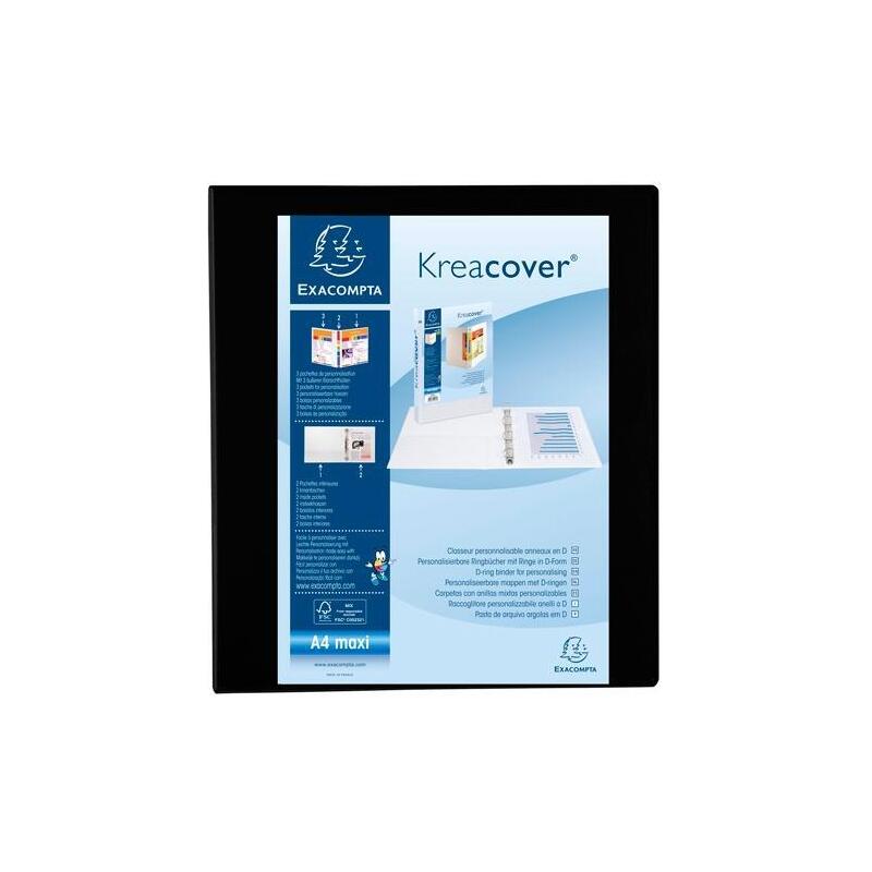 Exacompta Carpeta 4 Anillas Mixtas 40mm Kreacover Forrada Pp A4+ Personalizable 3 Bolsos Exteriores Negro