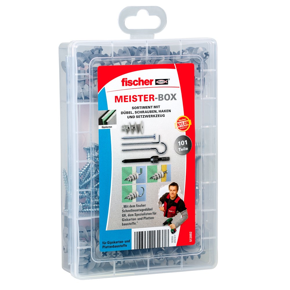 Fischer Meister-Box Gk + Tornillos + Ganchos, Tacos (Gris Claro, 100 Piezas, Con Herramienta De Ajuste) 513892