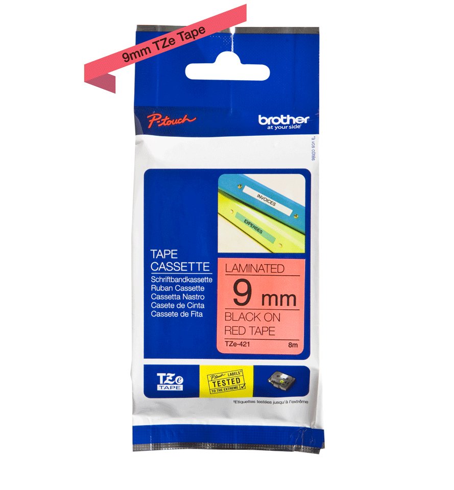 Brother Cinta Laminada Tze421,Negro Sobre Rojo,Rollo (0,9 Cm X 7,99 M) 1 Bobina(S) Tipo Laminado,Para P-Touch Pt-1010, D210, D450, D800, E550, H110, P300, P900, P950, P-Touch Edge Pt-P750