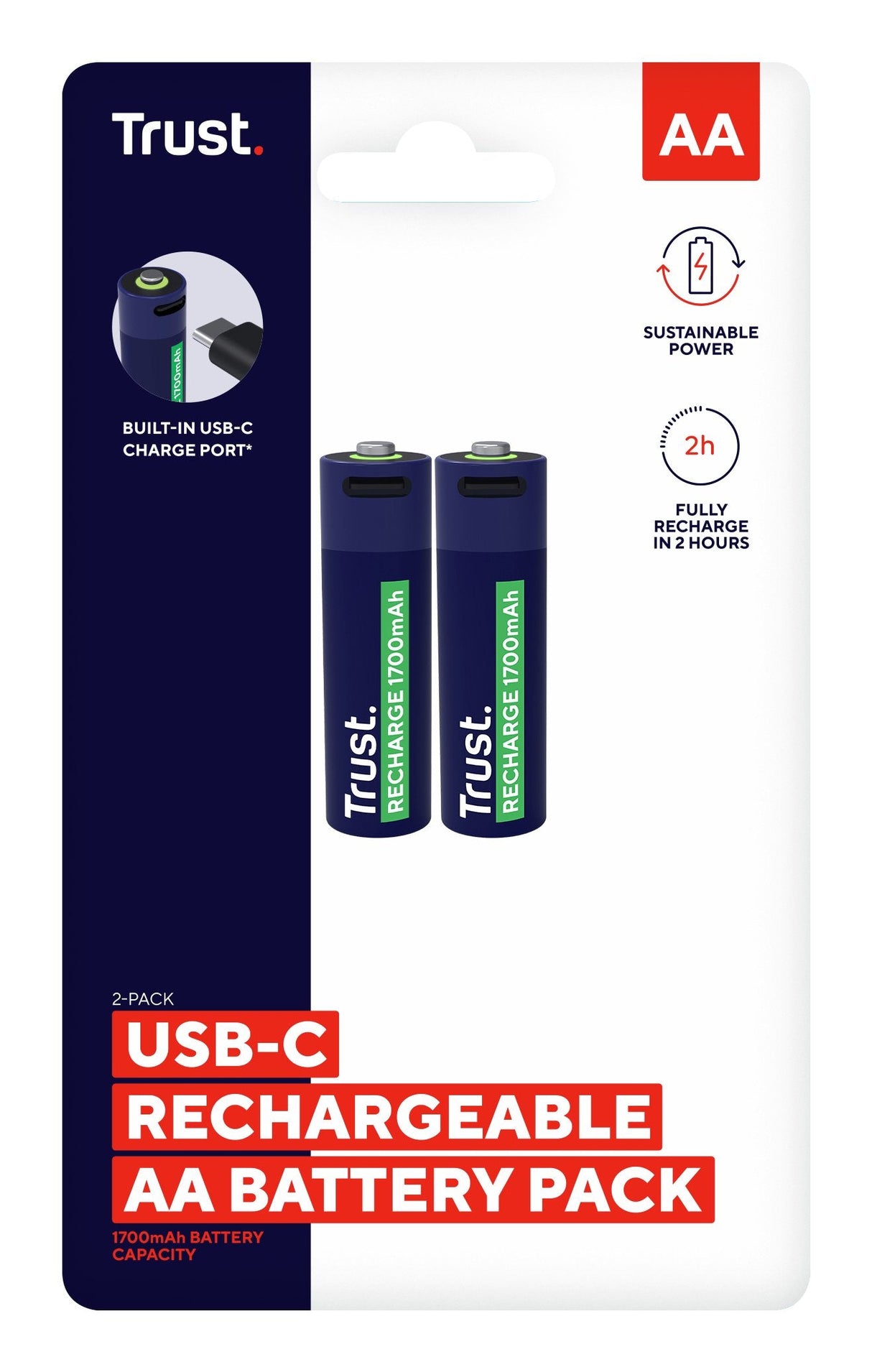 Pila Ecargable Trust Usb-C Aa 1700 Mah Pack De Dos Unidades 25584