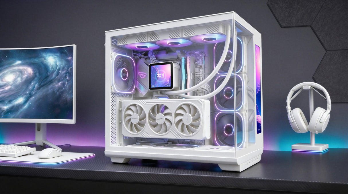 Caja Pc Atx Mars Gaming Mc-Revmaxw Pantalla Lcd 11.8" Cristal Templado 4x Ventiladores Argb Blanco
