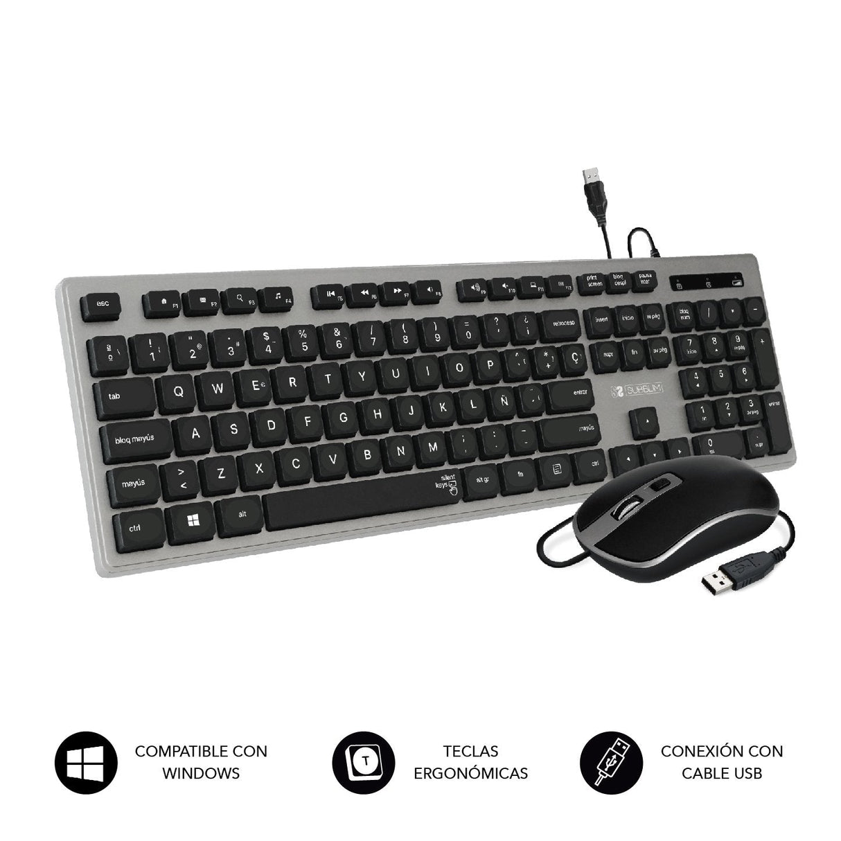 Subblim Teclado Ergonómico Y Ratón Con Cable Usb Plano Silencioso Gris/Negro Ergo