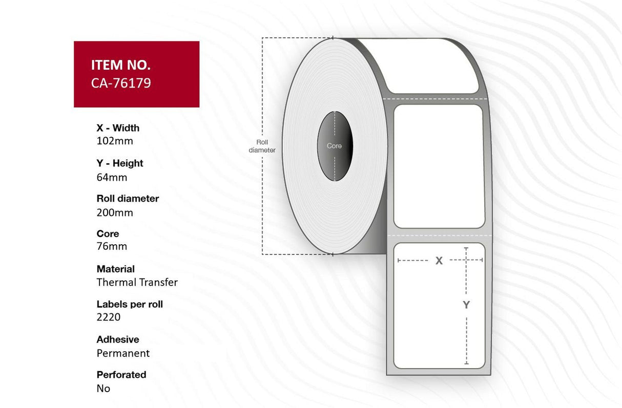 Label 102 X 64mm, Core 76mm, Thermal Transfer, Uncoated,
