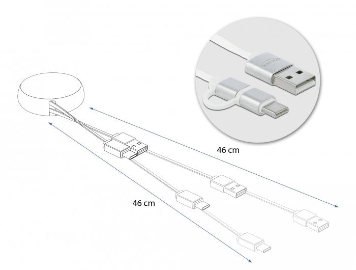 Delock Usb 2.0 2 In 1 Aufrollcable Typ-A Zu Micro-B Und Lightning 8 Pin Weiss Gold