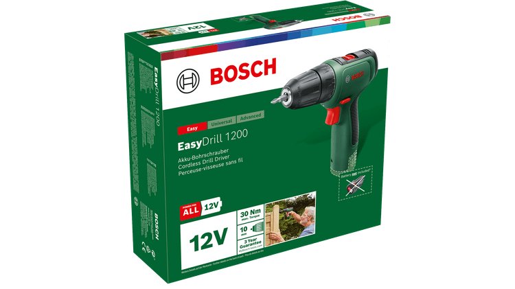 Taladro Atornillador Bosch Diy & Garden A Batería Easydrill 1200 + Juego De Brocas Y Brocas De 34 Piezas Verde/Negro, 2 Baterías De Iones De Litio De 1,5 Ah, Maletín 06039d3008