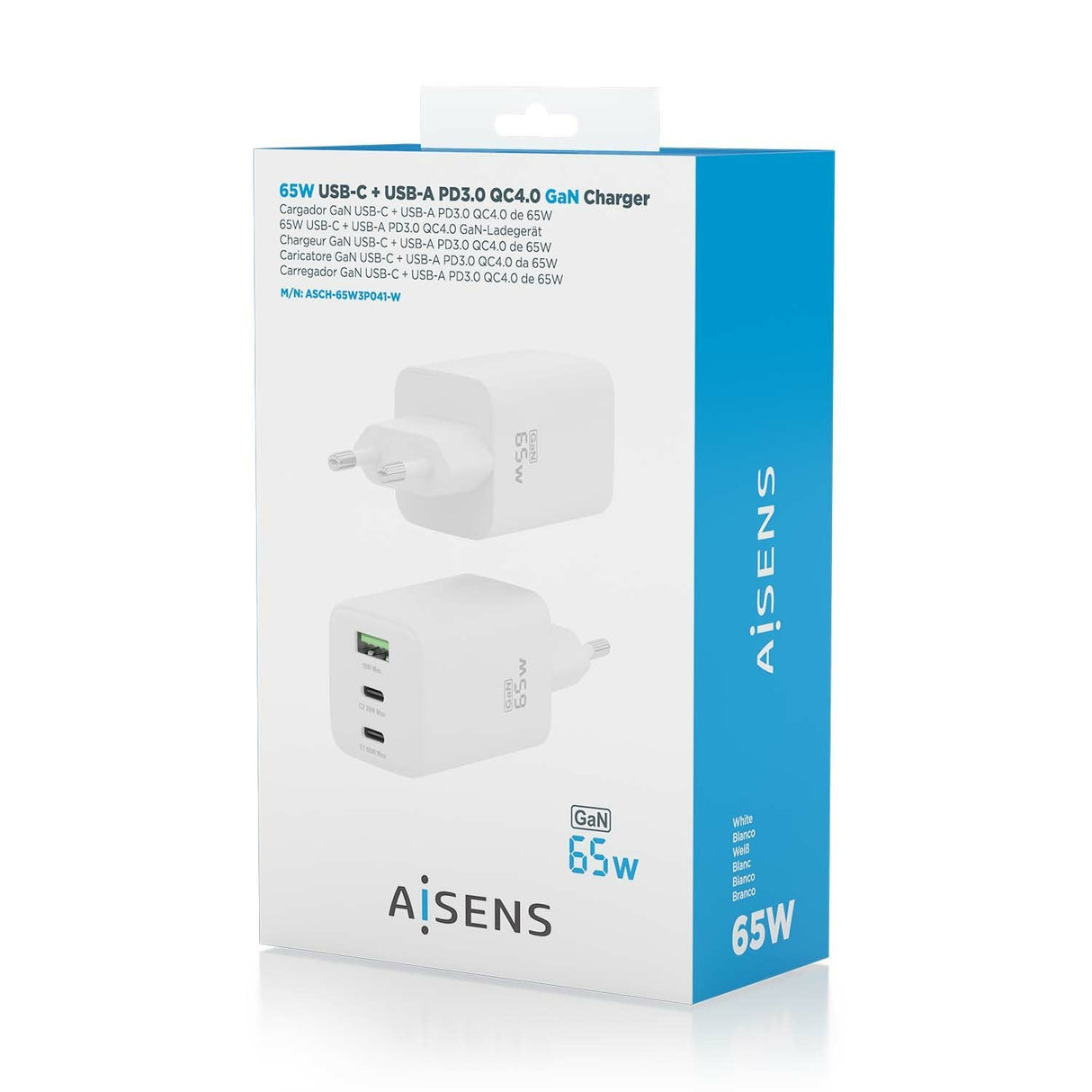 Aisens Cargador Gan 65w, 2xusb-C Pd3.0 Qc4.0, 1xusb-A Qc3.0, Blanco