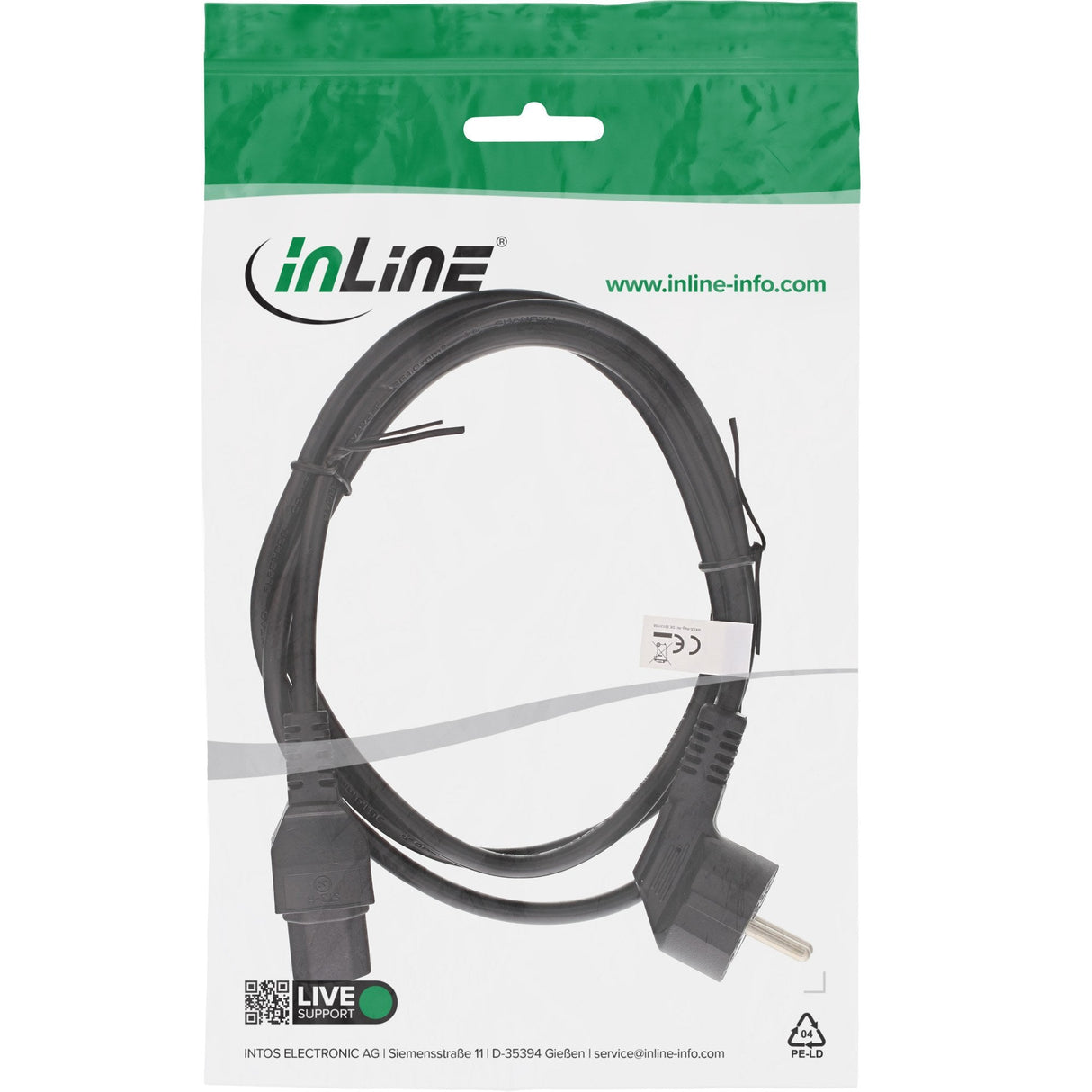 Inline® Power Cable, Cee7/7 Angled A C15 Straight, 3 X 1mm², Negro, 5m