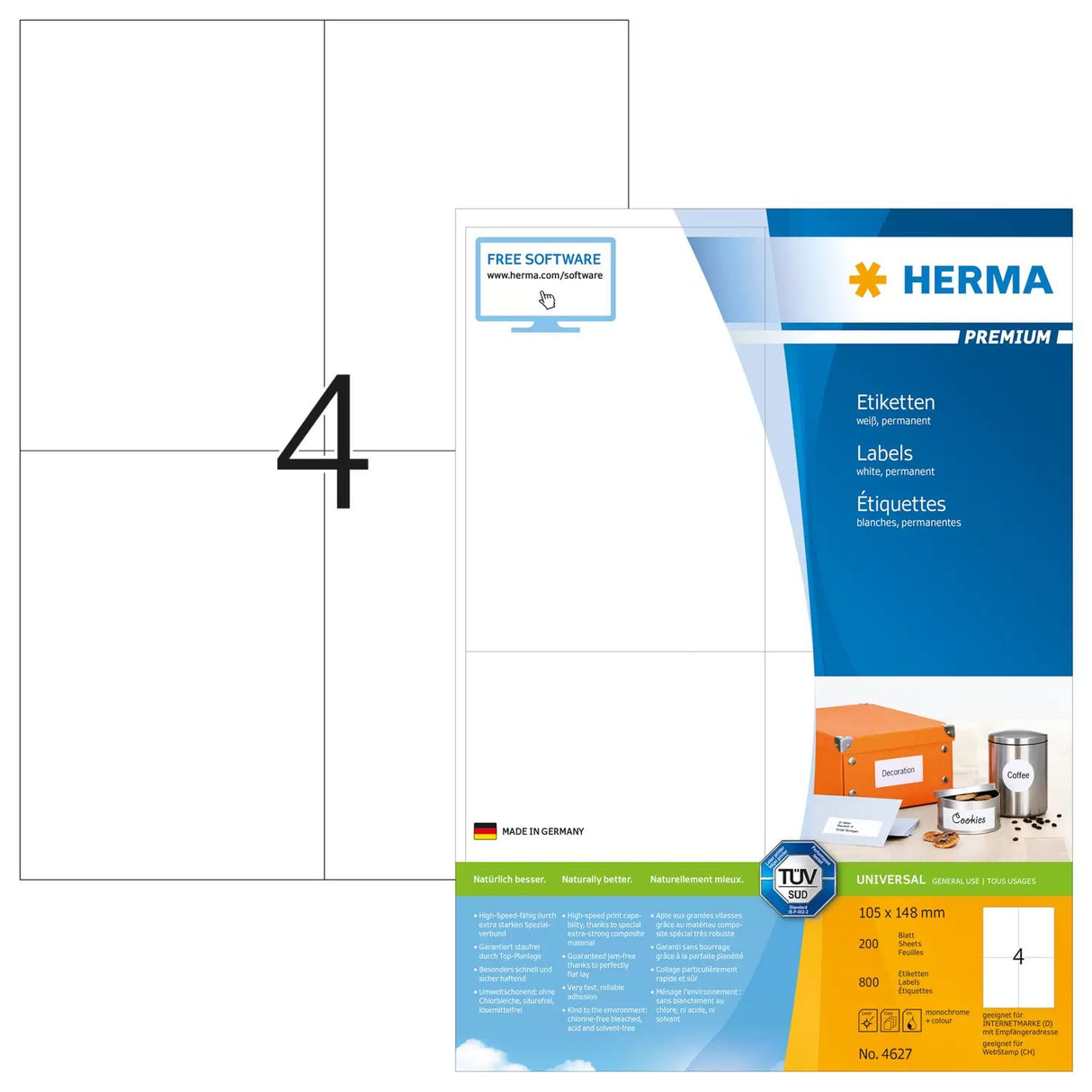 EAN 4008705046275 - HERMA 4627 etiqueta autoadhesiva Rectángulo Permanente Blanco 800 pieza(s) imagen 1