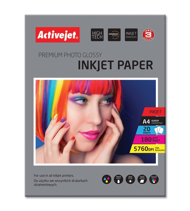 Papel Fotográfico Activejet | A4 | Glossy | 20 Pcs. | 180g | Ap4-180g20