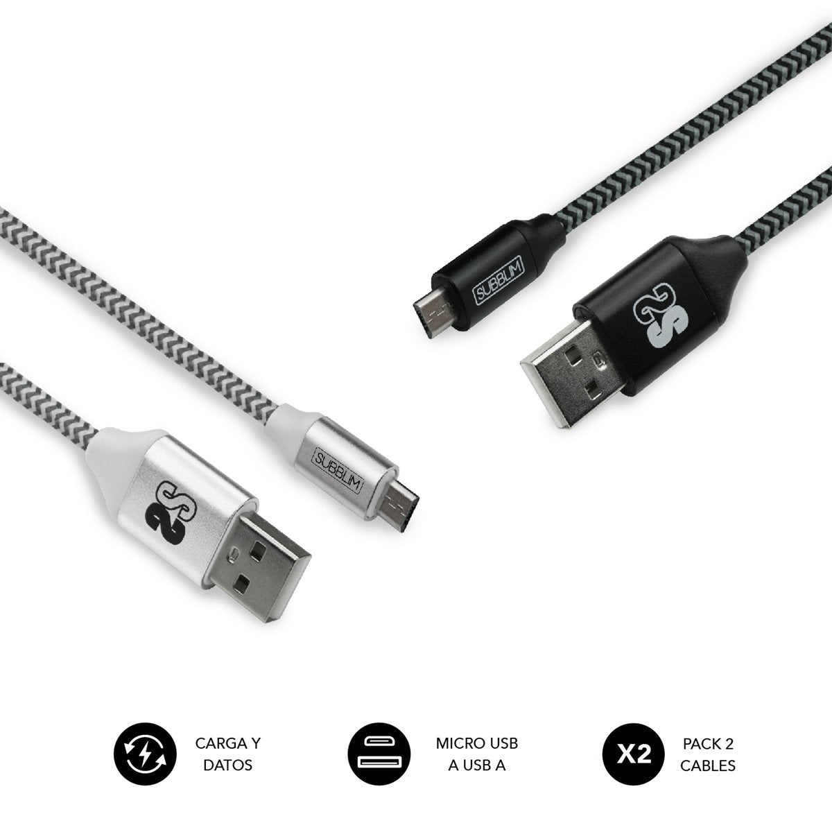Cable Usb 2.0 Subblim Sub-Cab-1mu001 Pack 2/ Microusb Macho Usb Macho/ 1m/ Negro/Plata