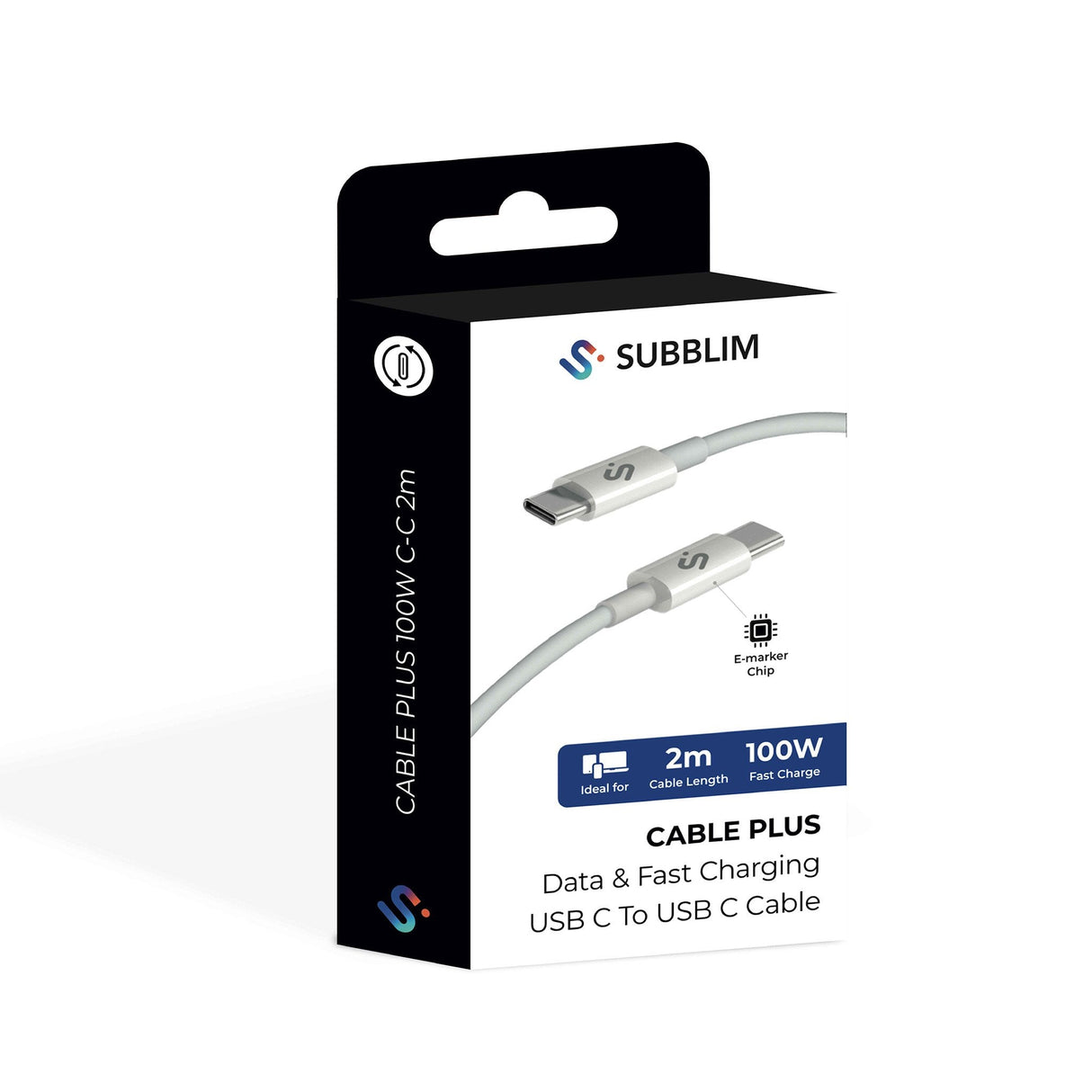 Cable Plus 100w Usb-C/Usb-C 2 M Blanco Subblim 100w/ Longitud: 2m/ Usb-C &Harr; Usb-C/ Pd 3.0 Y Qc 3.0