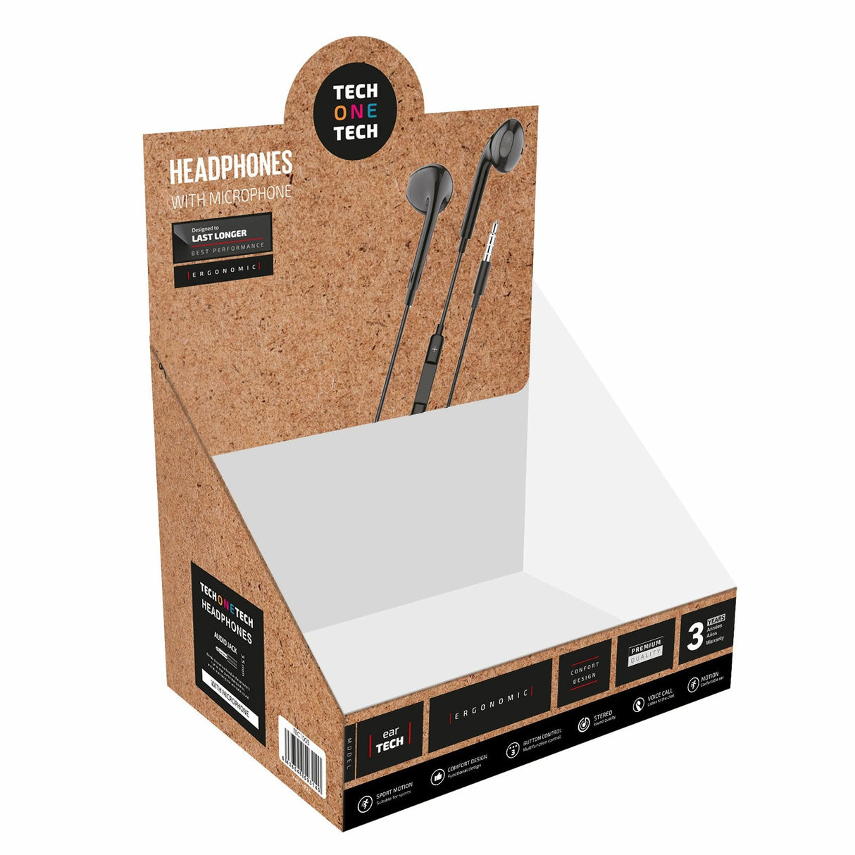 Expositor De Auriculares Tech One Tech Eartech Tec1003 Con Micrófono Jack 3.5 Incluye 6 Auriculares Blancos Y 6 Auriculares Negros