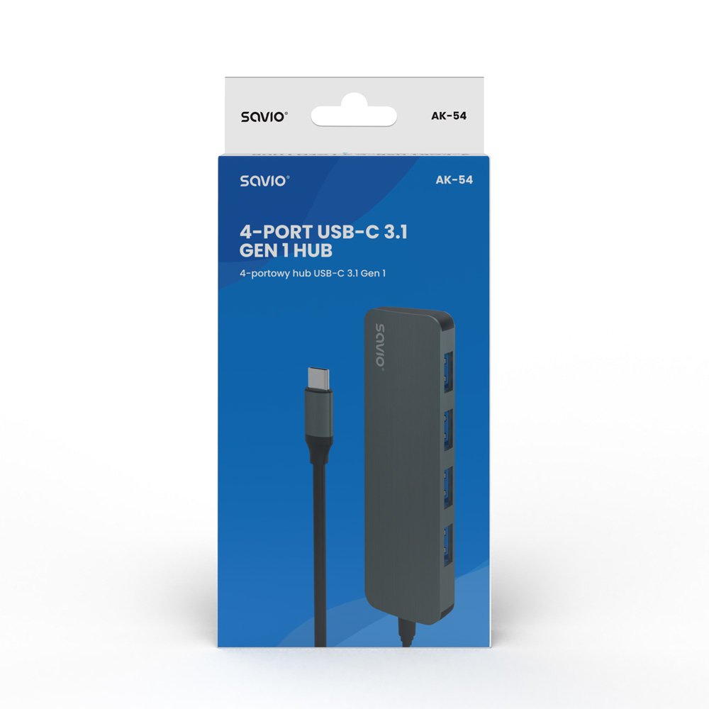 EAN 5901986047735 - Savio Hub USB-C - 4 x USB-A AK-54 USB 3.2 Gen 1 (3.1 Gen 1) Type-A 1000 Mbit/s Negro imagen 6