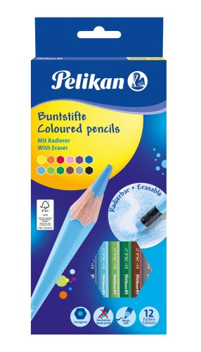 Pelikan Caja De 12 Lapices De Colores Borrables Hexagonales - Con Goma - Mina Antirotura - Certificacion Fsc