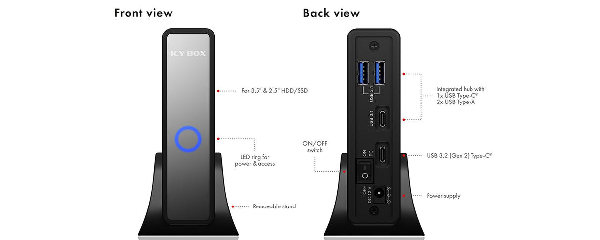 Geh. Icybox Usb 3.2 2,5"+3,5" Sata3 Hdd/Ssd Usb Typ-C M.Hub