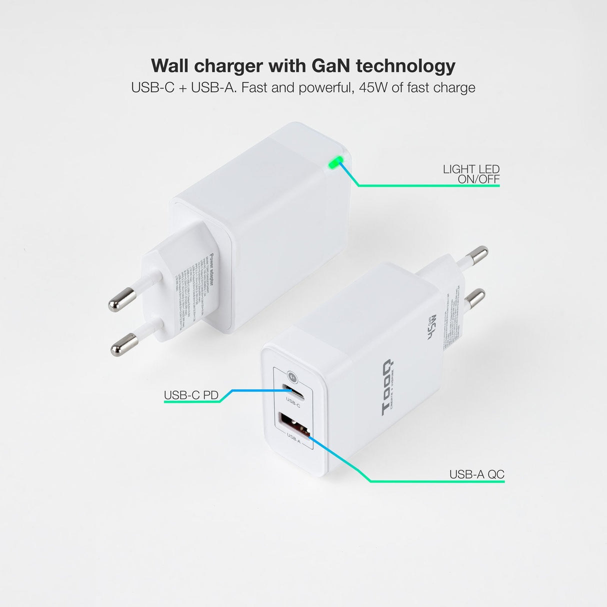 Tooq Cargador De Pared Gan Usb-C/Pd + Usb-A/Qc 45w - Blanco