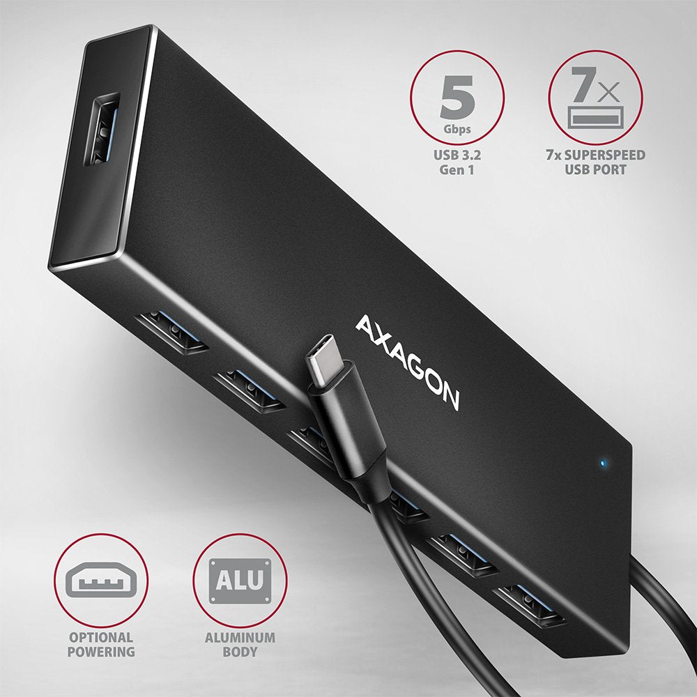 Axagon Hue-F7a 7x Usb 3.2 Gen 1 Aluminium Flat Hub, 30 Cm Usb-C-Cable