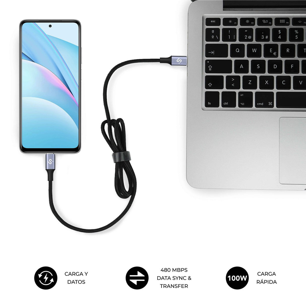 Cable Plus 100w Usb-C/Usb-C 2 M Negro Subblim 100w/ Longitud: 2m/ Usb-C &Harr; Usb-C/ Pd 3.0 Y Qc 3.0,